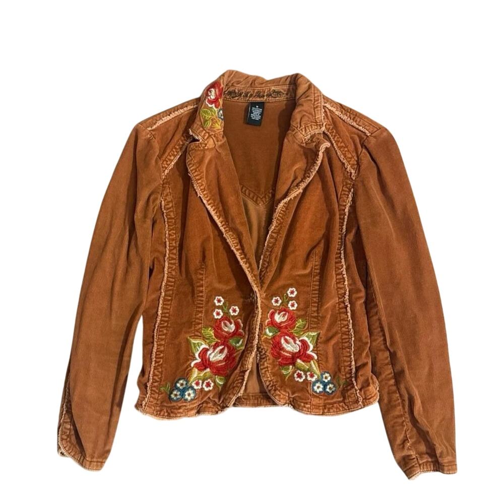 Vtg Kikit Y2K Embroidered Corduroy Floral Blazer Jacket Boho Whimsygoth Size M